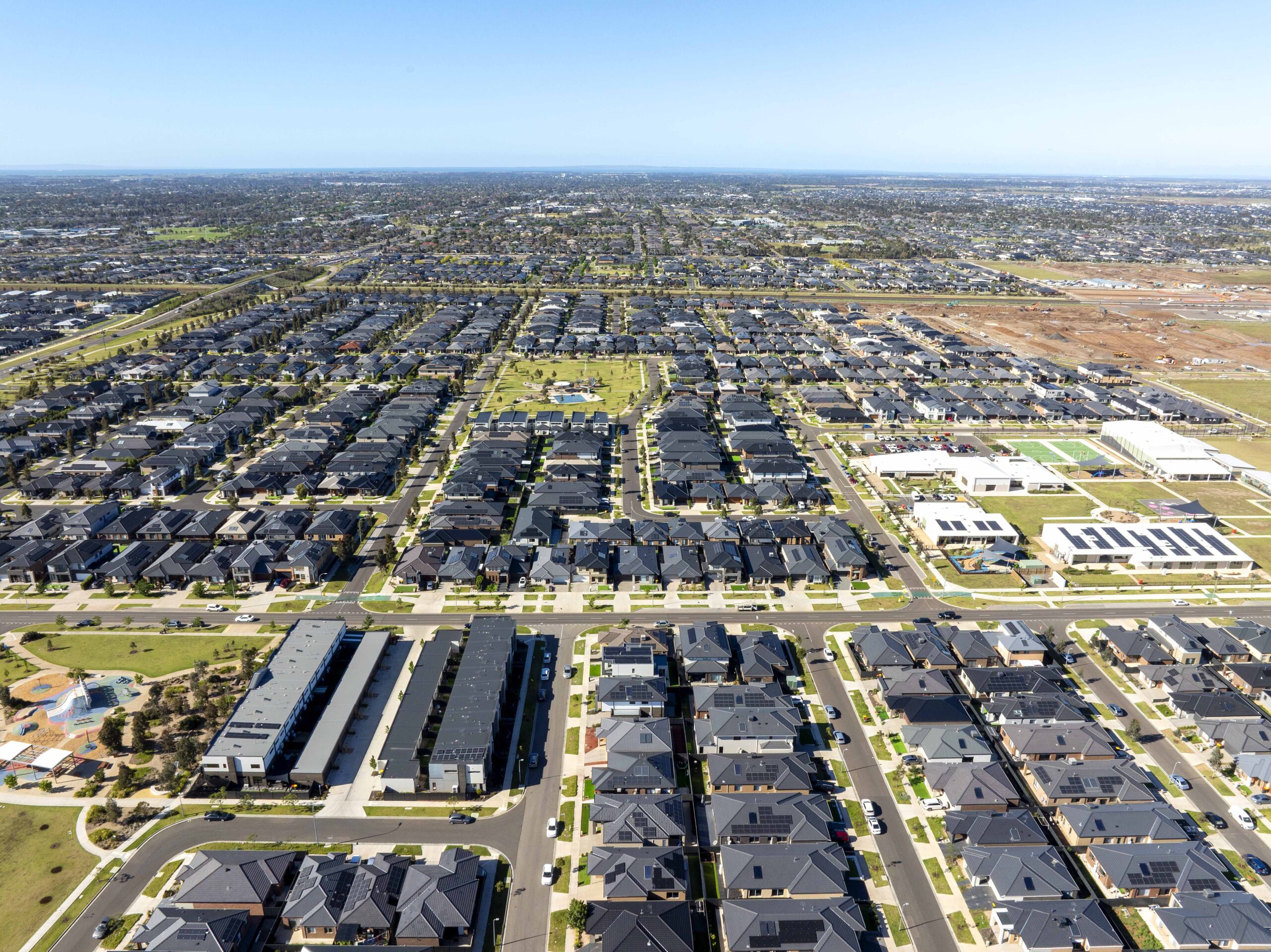 Aerial view of residential neighbourhoods, established homes and community infrastructure in Tarneit, Melbourne