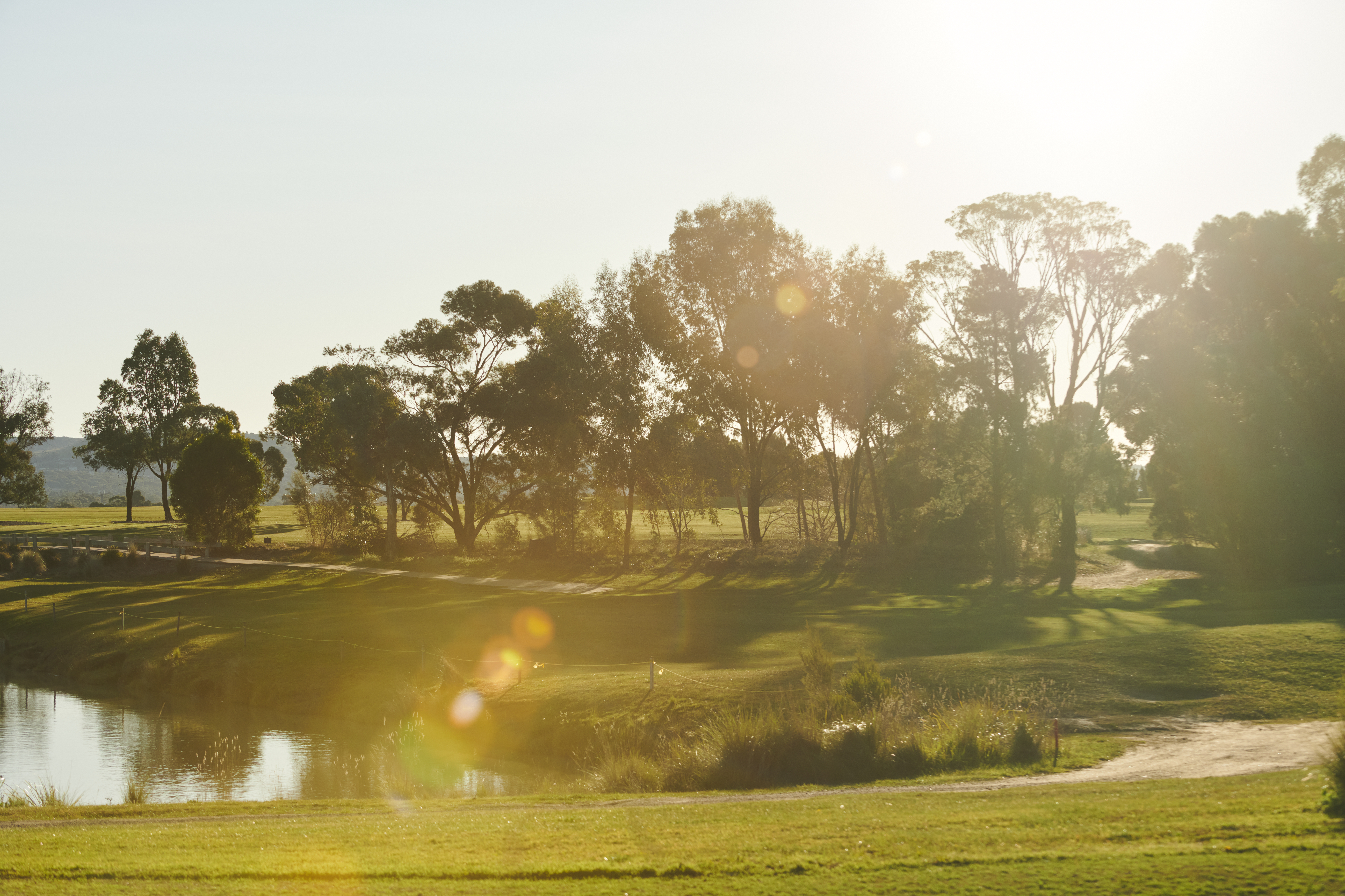 Landscaped community park with lake, walking paths and green spaces for outdoor recreation