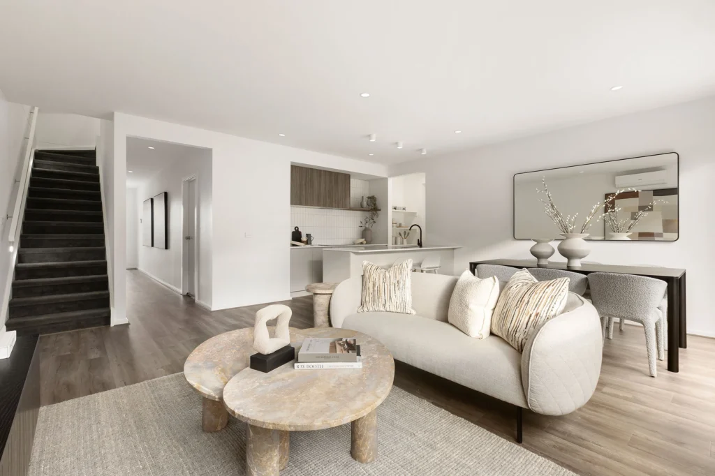 Open-plan living area in a double storey display home